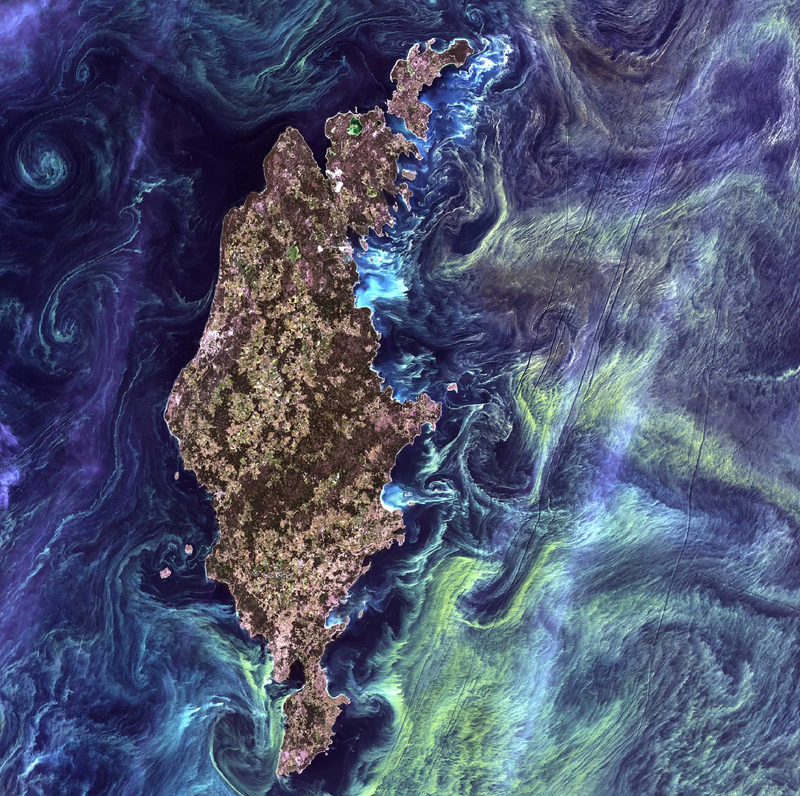 Satellite view of an island with swirling ocean currents in blue, green, and yellow hues.