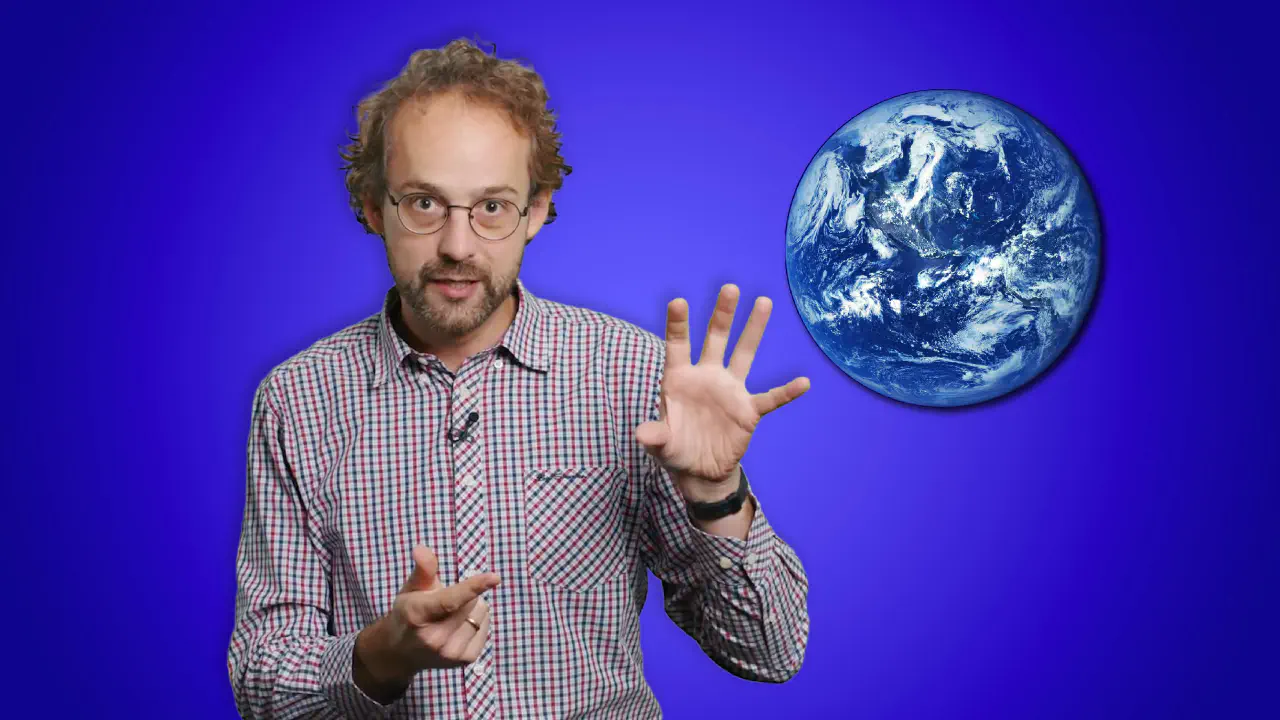 Peter Dueben gestures while speaking, with a floating Earth beside him on a blue background.